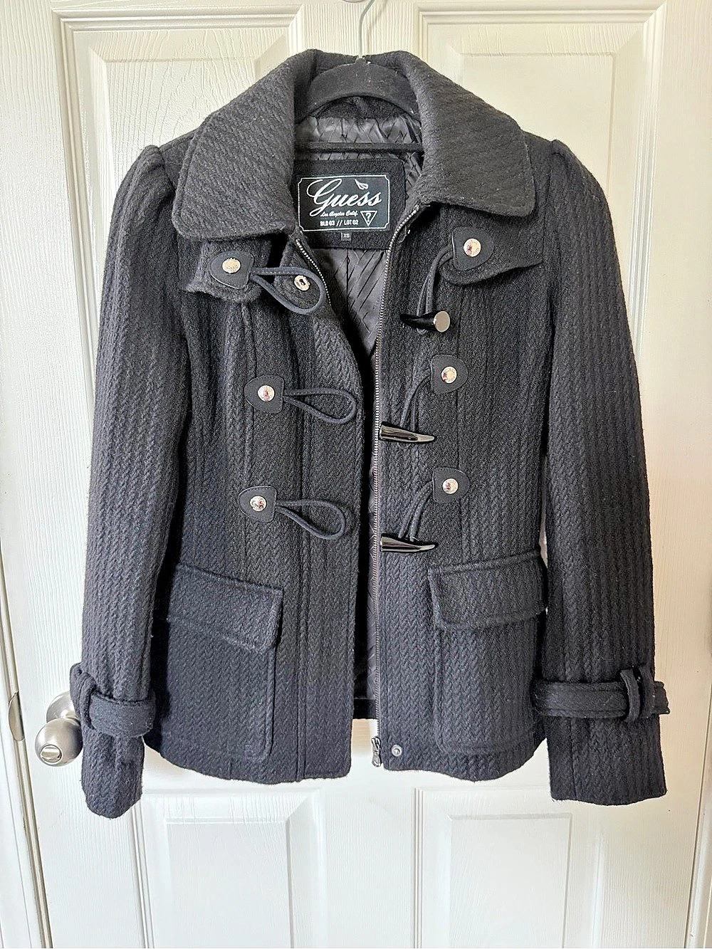 GUESS Black Herringbone Wool Blend Toggle Duffle Jacket Coat XS